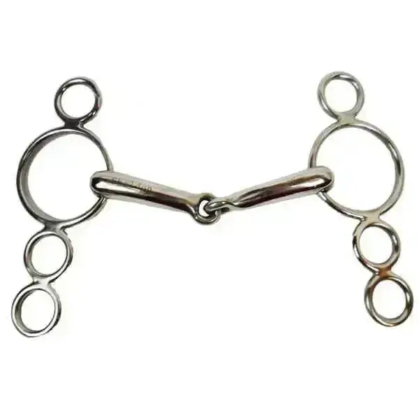 Shiny silver metal cottage craft continental ring dutch gag horse bit with central bar and multiple circular rings