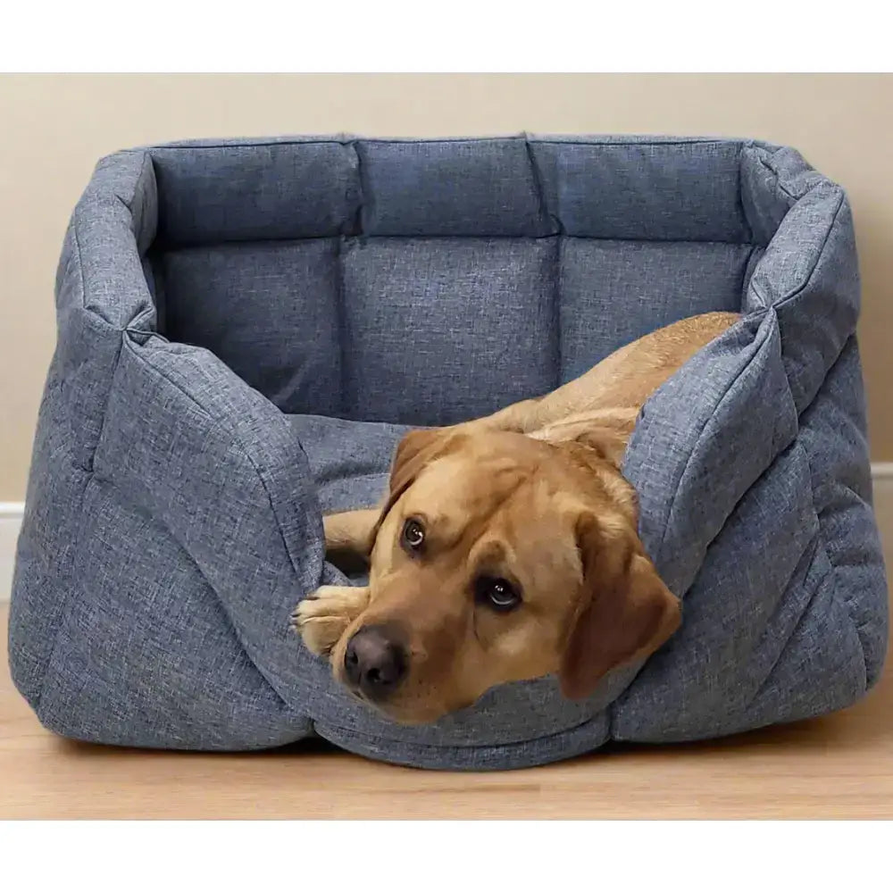 Blue textured fabric heavy duty rectangular high sided waterproof dog bed with cushioned cozy design