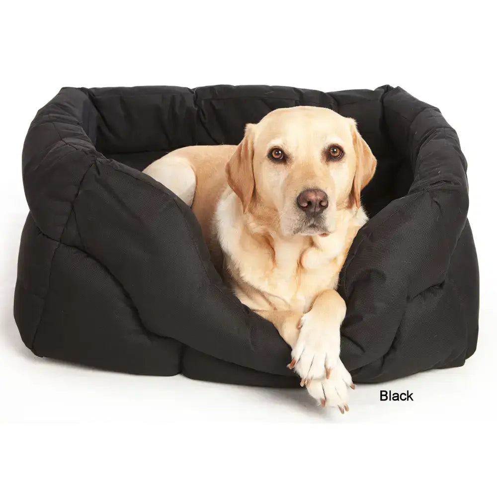 Black plush cushioned heavy duty rectangular high sided waterproof dog beds with soft quilted exterior for comfort