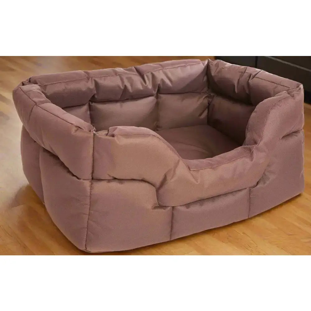 Puffy mauve quilted fabric heavy duty rectangular high sided waterproof dog bed with padded raised edges