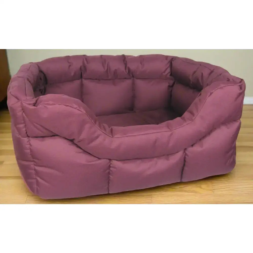 A plush purple heavy duty rectangular dog bed with quilted cushioned design and high sided waterproof dog beds features