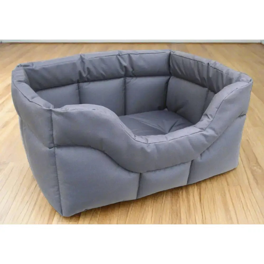 Gray plush quilted heavy duty rectangular high sided waterproof dog bed with cushioned interior and padded edges
