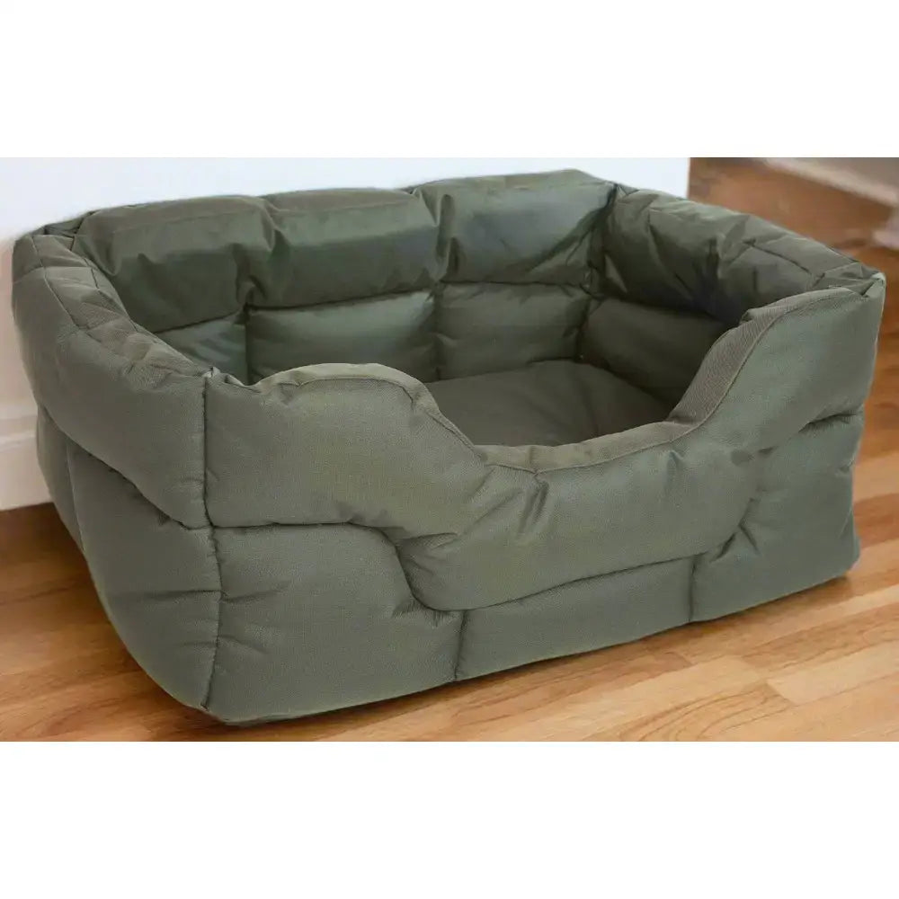 Olive green heavy duty rectangular high sided waterproof dog bed with quilted cushioned sides and soft lining