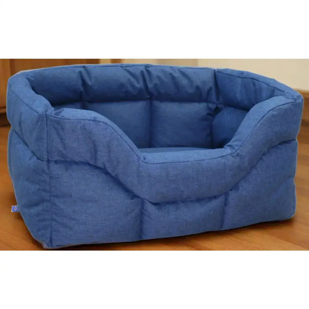 Blue plush heavy duty rectangular high sided waterproof dog bed with cozy cushioned design and soft fabric