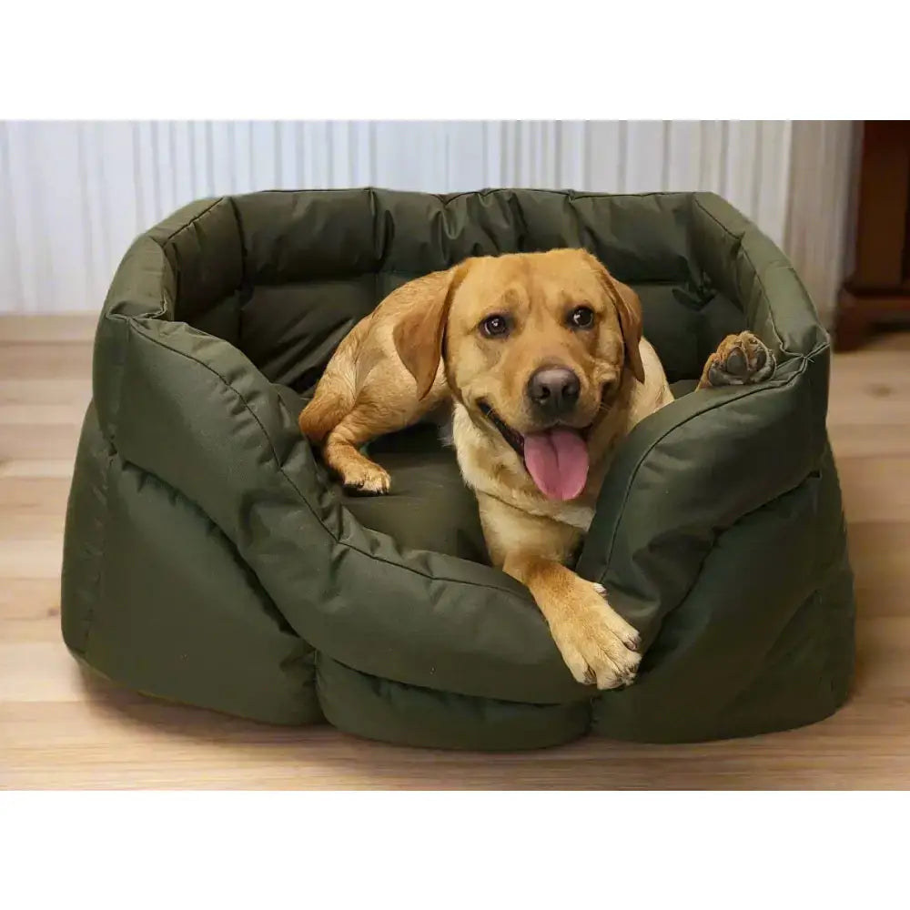Olive green heavy duty rectangular high sided waterproof dog bed with plush padded interior and reinforced seams