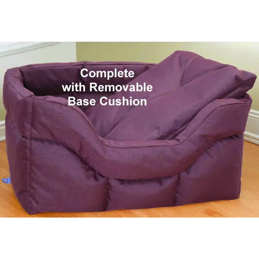 Purple quilted heavy duty rectangular high sided waterproof dog bed with removable base cushion for pets