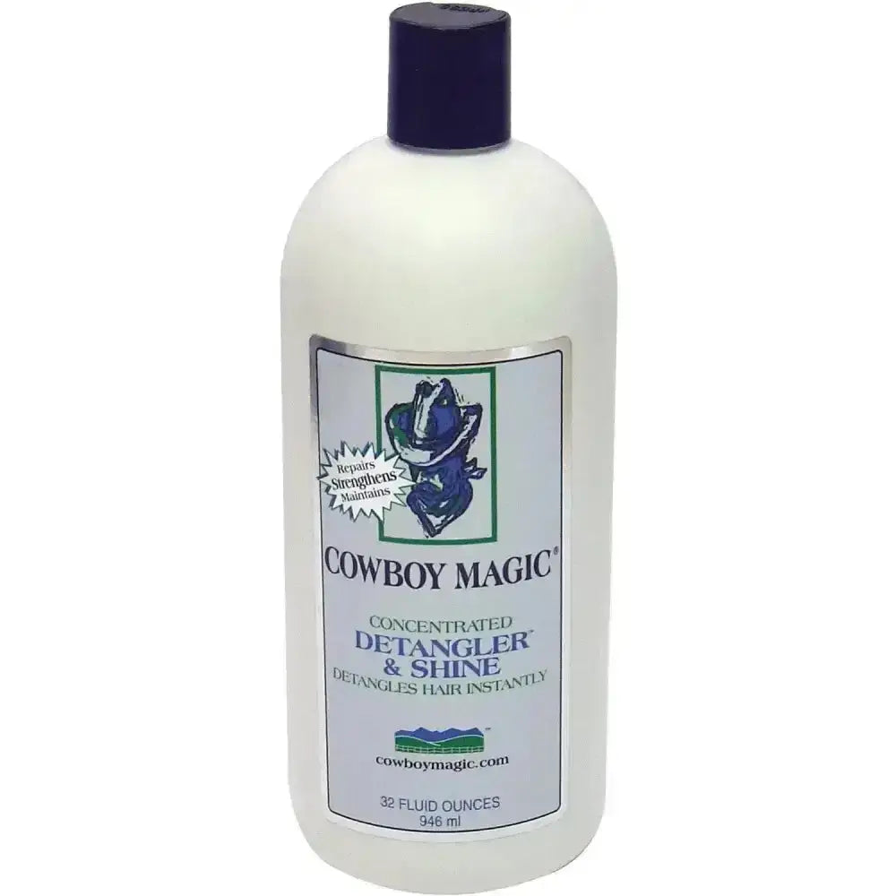 White plastic cowboy magic detangler bottle with dark blue cap and label for mane and tail shine and dreadlocks instantly