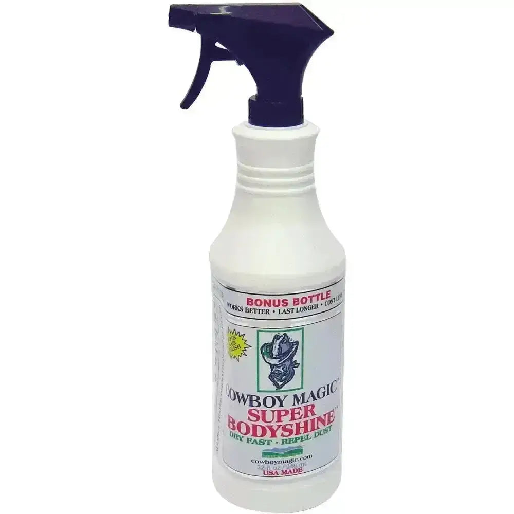 White plastic spray bottle with black trigger labeled cowboy magic super bodyshine for horse grooming coat shines