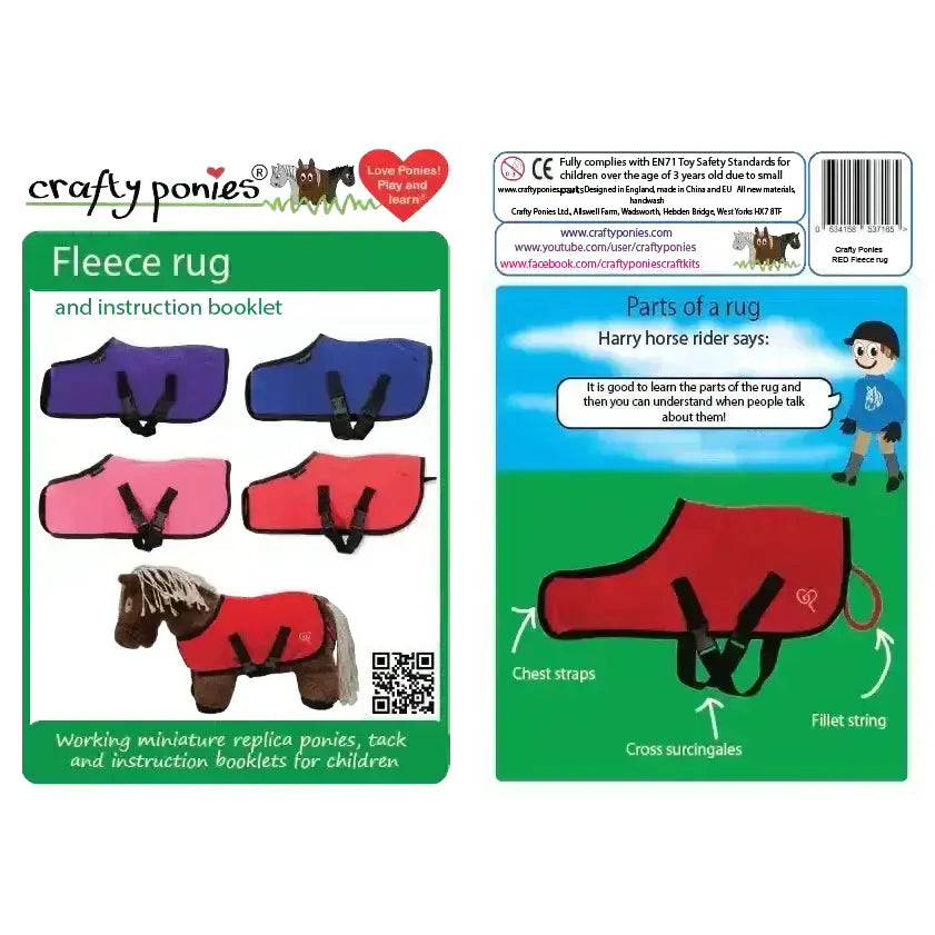 Colorful crafty ponies fleece rugs in purple blue pink and red with black straps perfect for pony fleece rug play