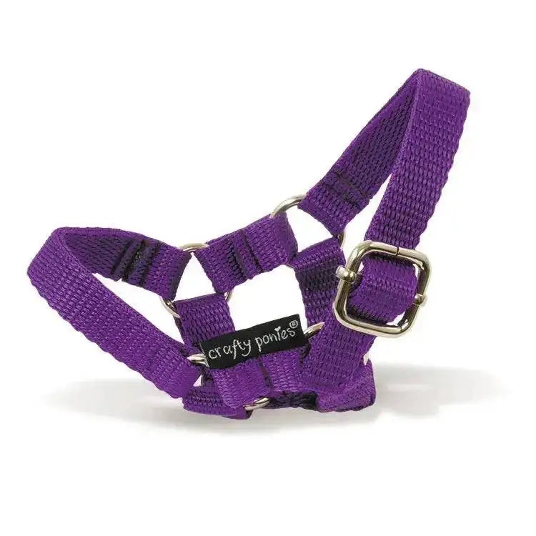 Purple woven nylon crafty ponies headcollars with silver metal hardware for toy pony headcollars use