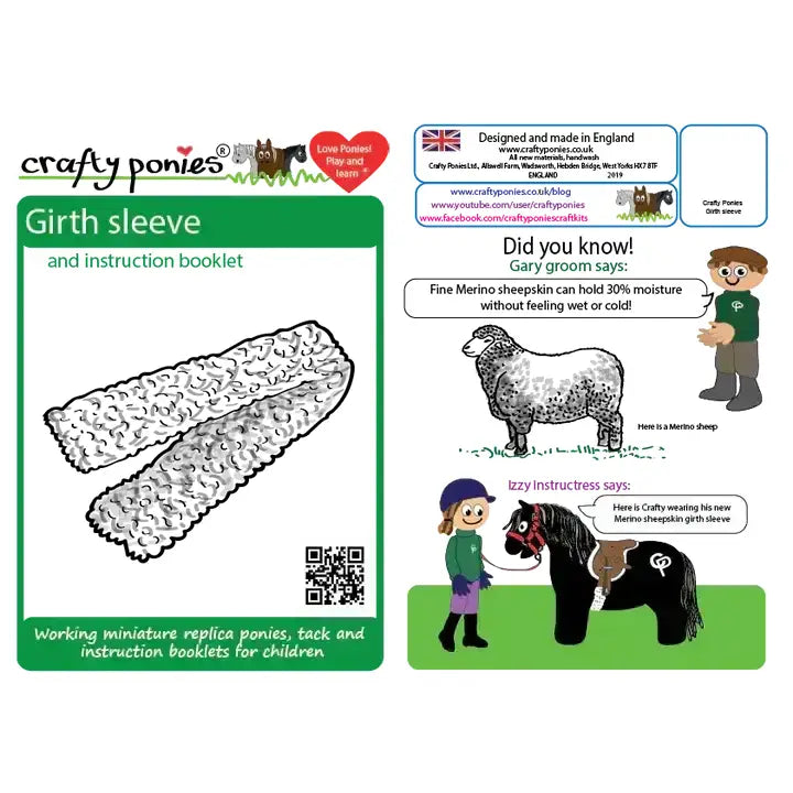 Cartoon pony wearing a merino sheepskin girth sleeve from crafty ponies saddle cloths and girth sleeves toy set