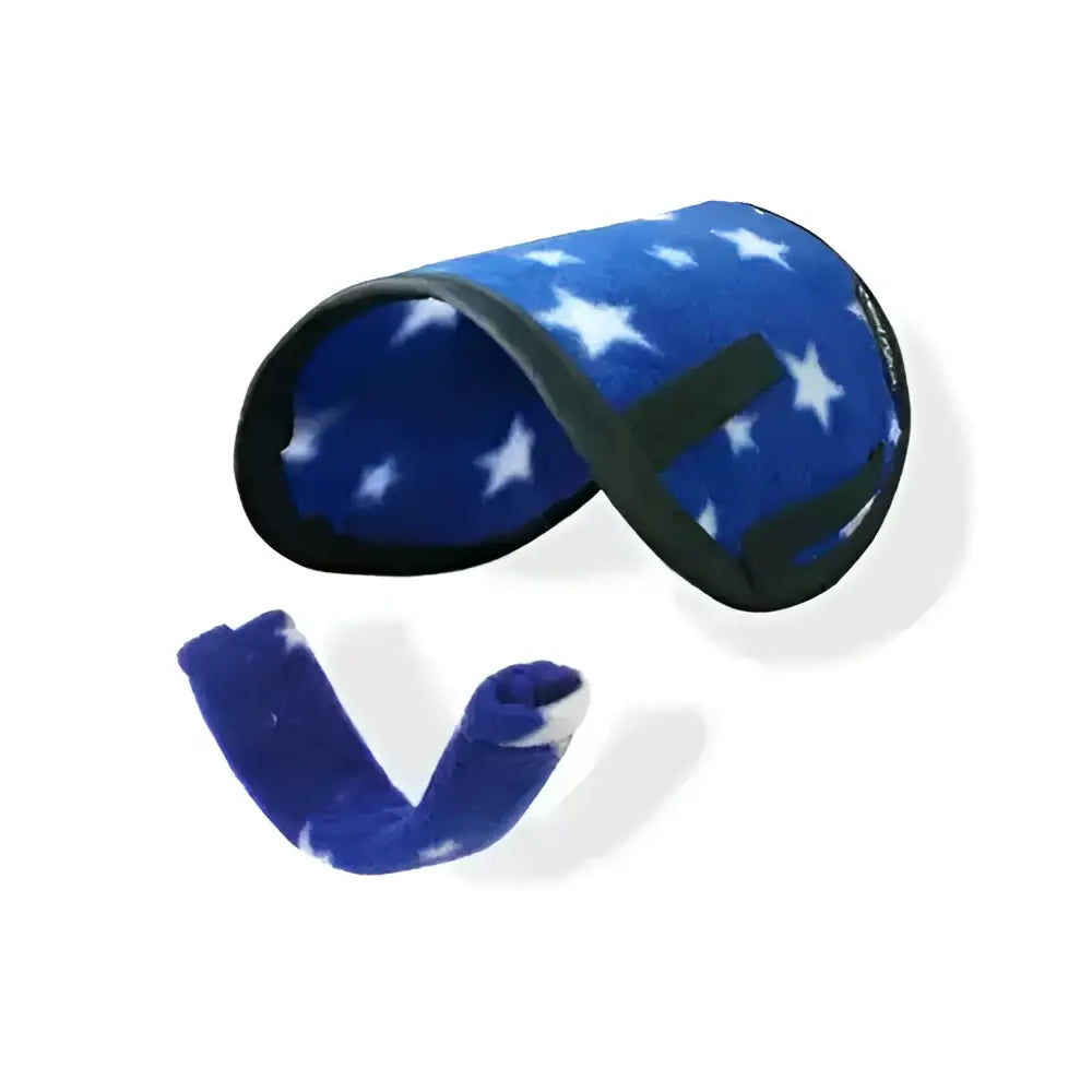 Blue fleece sleep mask with white stars and black trim from crafty ponies saddle cloths and girth sleeves collection