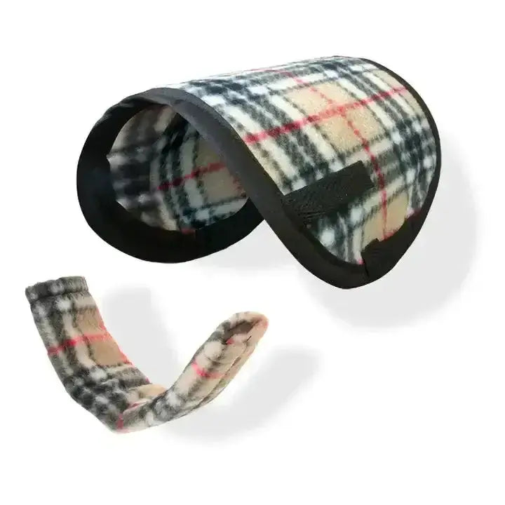 Plaid fleece dog collar with black trim and matching detachable strap for crafty ponies saddle cloths and girth sleeves