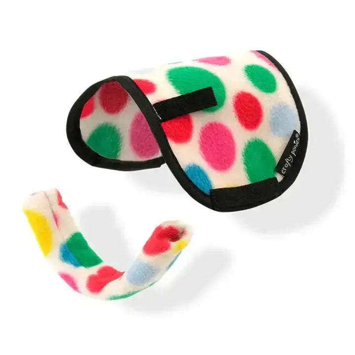 Cozy cream fleece crafty ponies saddle cloth with colorful polka dots and black trim for girth sleeves on toy pony