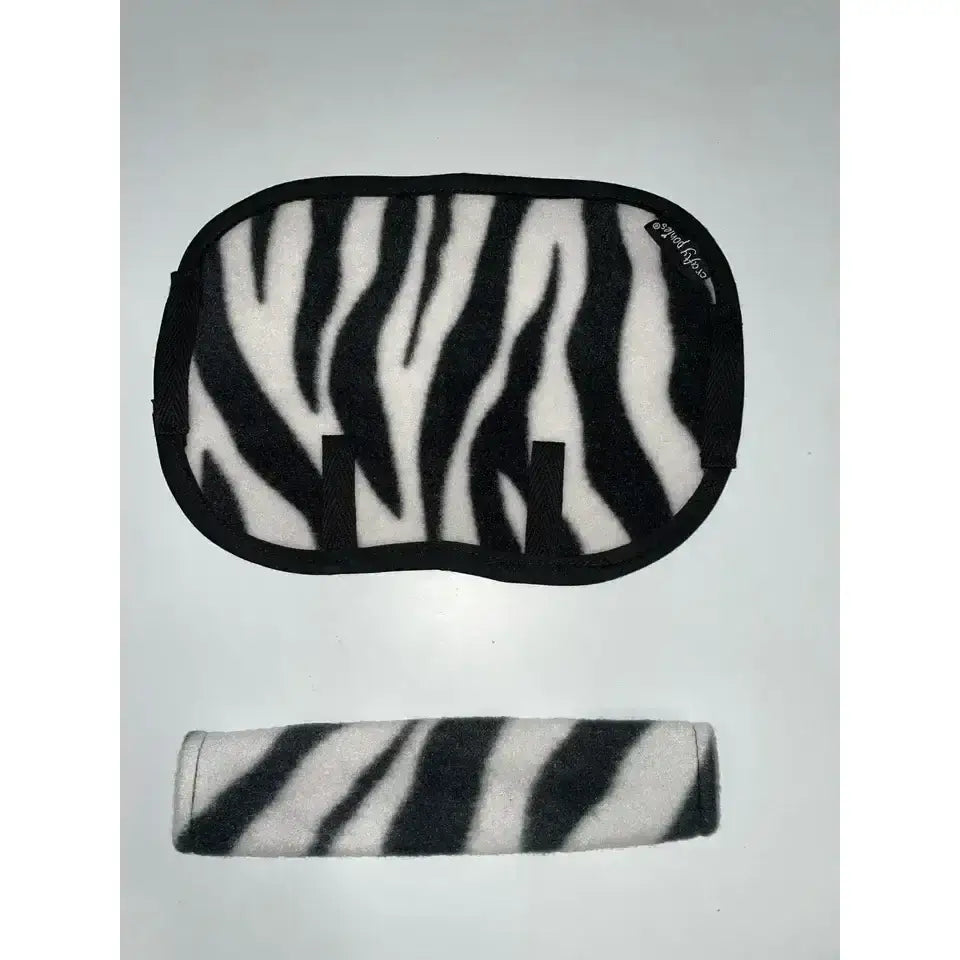 Black and white zebra-striped fuzzy eye mask and matching headband for crafty ponies saddle cloths and girth sleeves toy pony