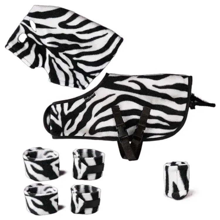 Crafty ponies snuggle fleece zebra print horse blanket set with matching leg wraps for cozy pony warmth