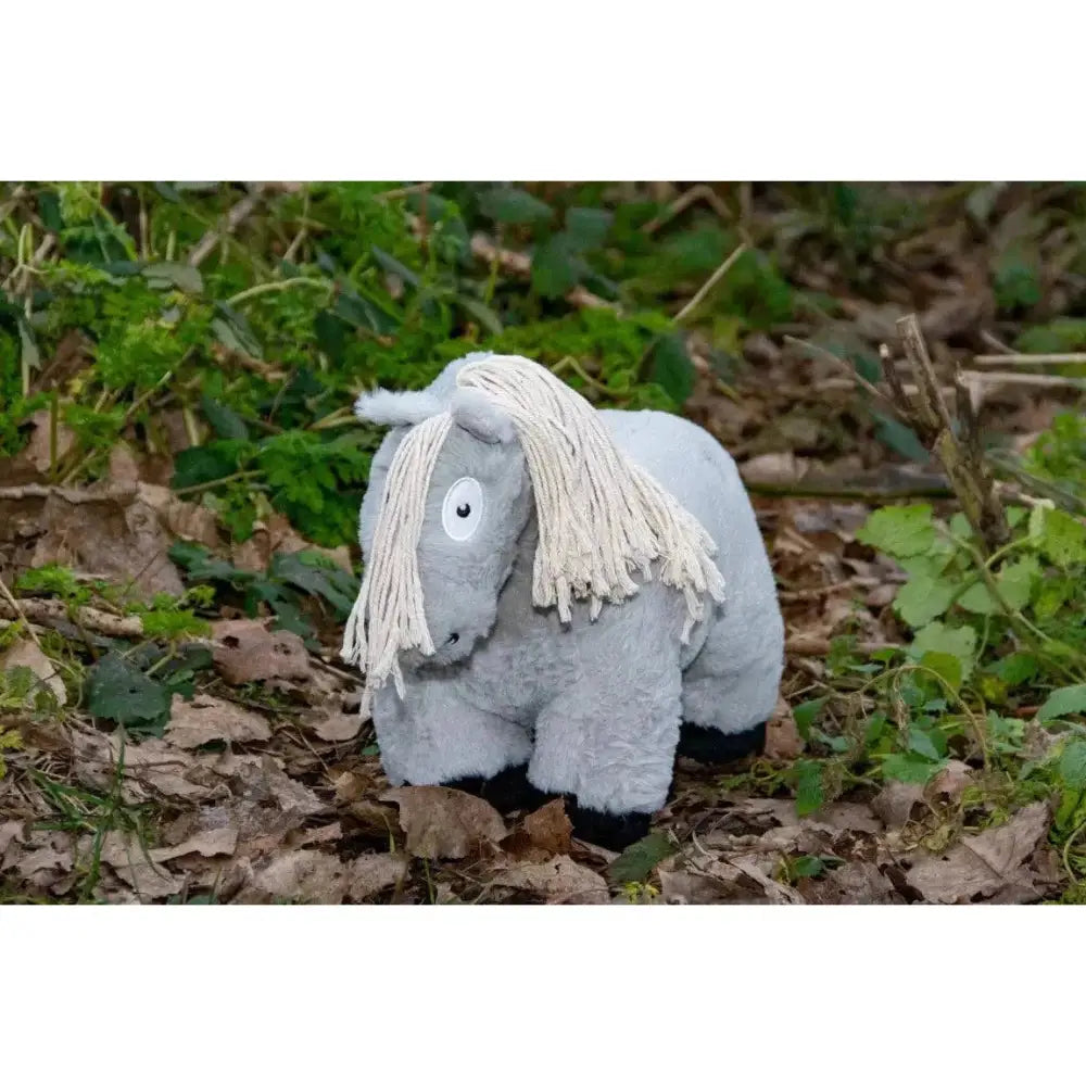 A soft toy pony grey from crafty ponies featuring a plush gray body with a textured white mane and black feet