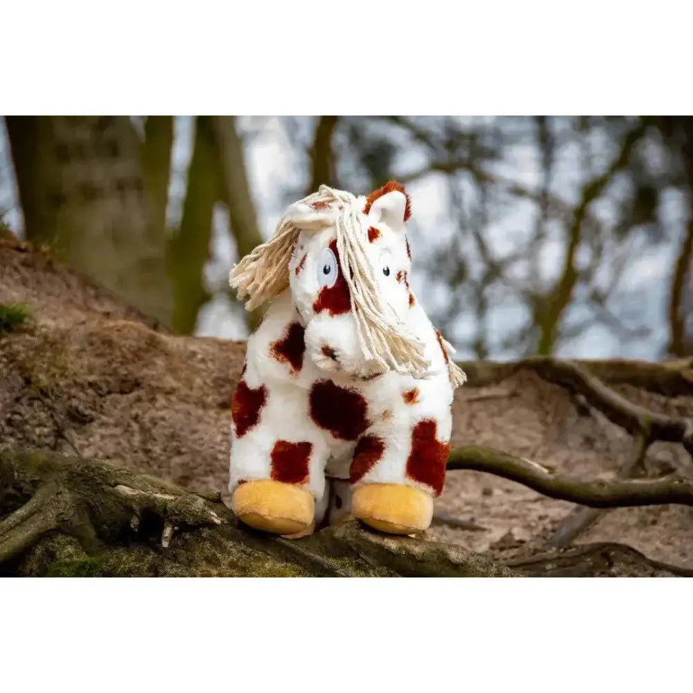 A crafty ponies soft toy pony skewbald with white body red spots tan yarn mane and yellow hooves plush toy ponies