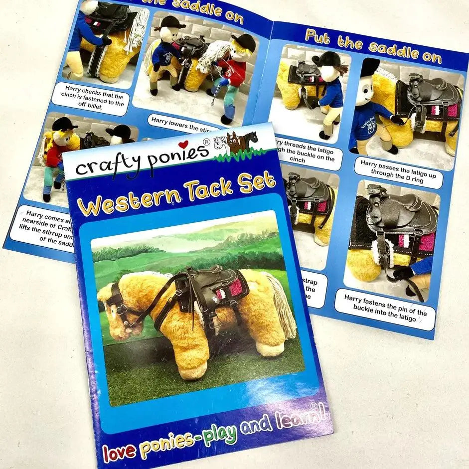 Yellow plush pony wearing a black and red crafty ponies western saddle from ponies western tack starter set