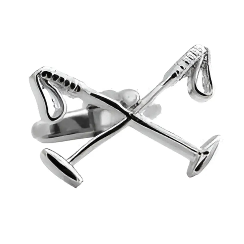 Silver-toned metal cufflinks with crossed golf clubs featuring detailed grips in a mallets equestrian cufflinks style
