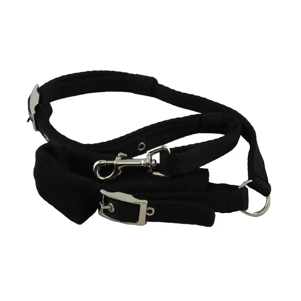 Black padded crupper with silver buckle and metal hardware made of soft webbing for equestrian horses use