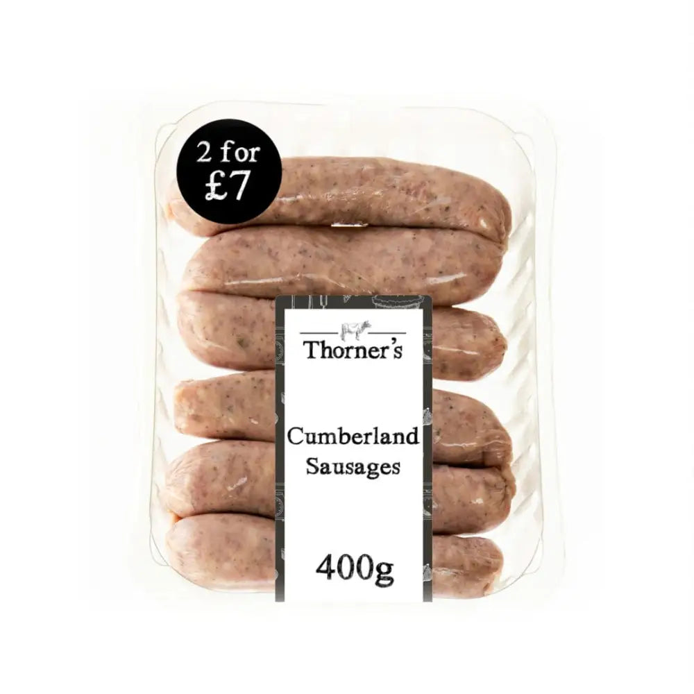 Thorners cumberland sausages in clear plastic pack with black and white label made from high-quality meat