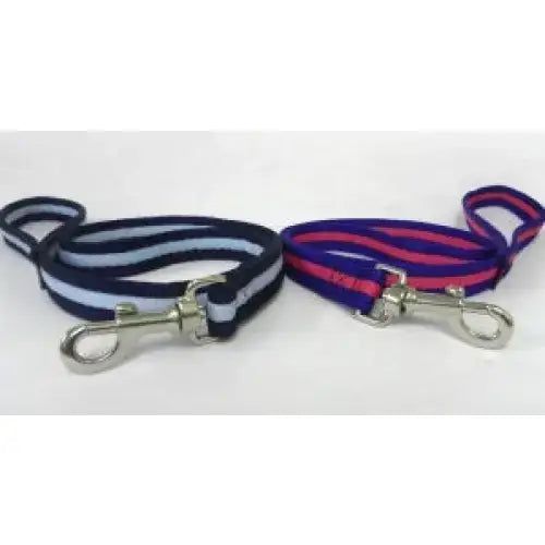 Two striped padded leads with cushion web and handle loop in navy white and purple pink with silver metal clasps