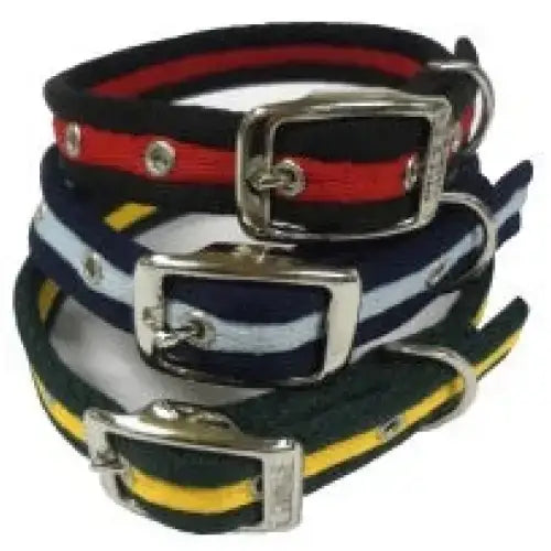 Three striped cushion web dog collars with metal fixings in red black navy white and green yellow color combos