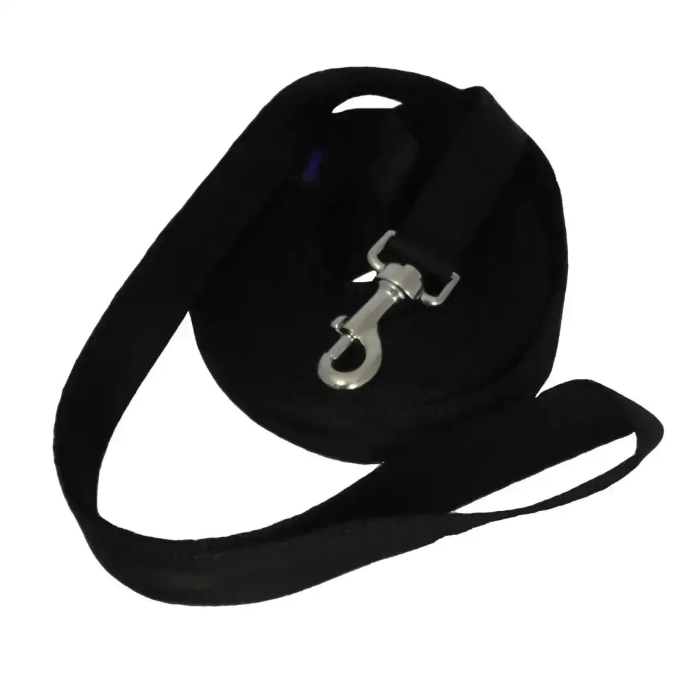 Black cushion web lunge rein made of fabric with silver metal clasp for easy dog training and control