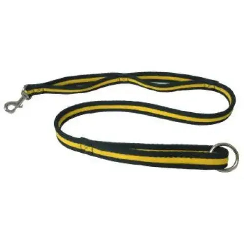 Black and yellow striped cushion web multi leash with handle loop and substantial trigger metal hardware