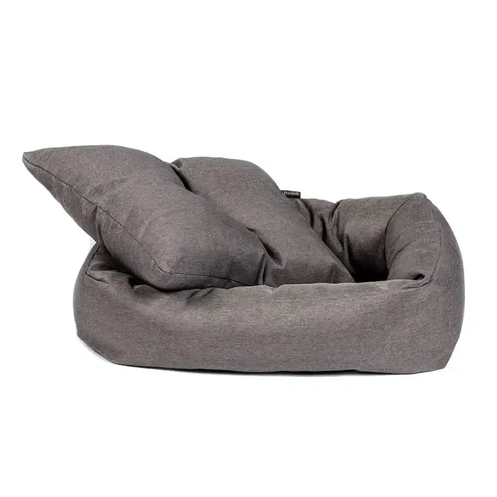 Gray plush danish design anti-bac snuggle bed with matching pillow for cozy pet comfort in snuggle bed grey