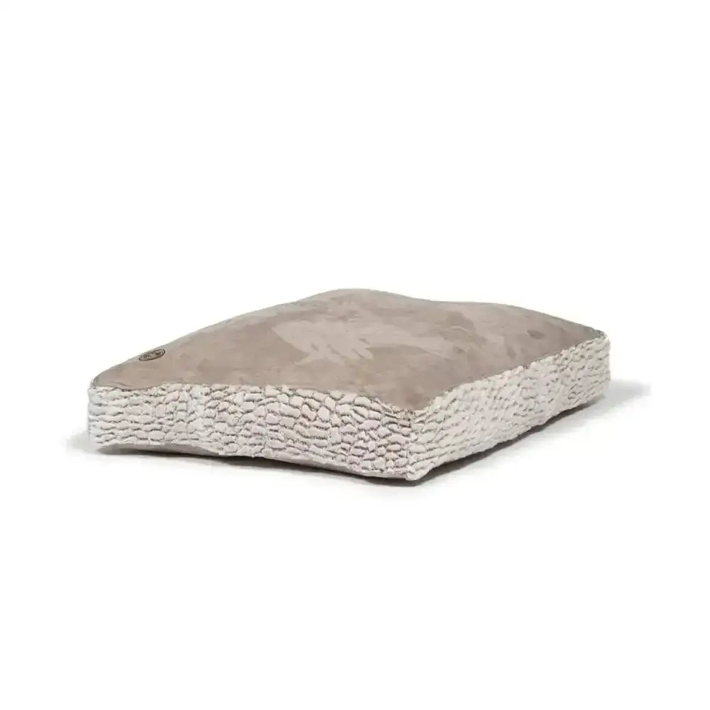Beige suede danish design arctic box duvet dog bed with a textured white crinkled fabric border for cozy pets