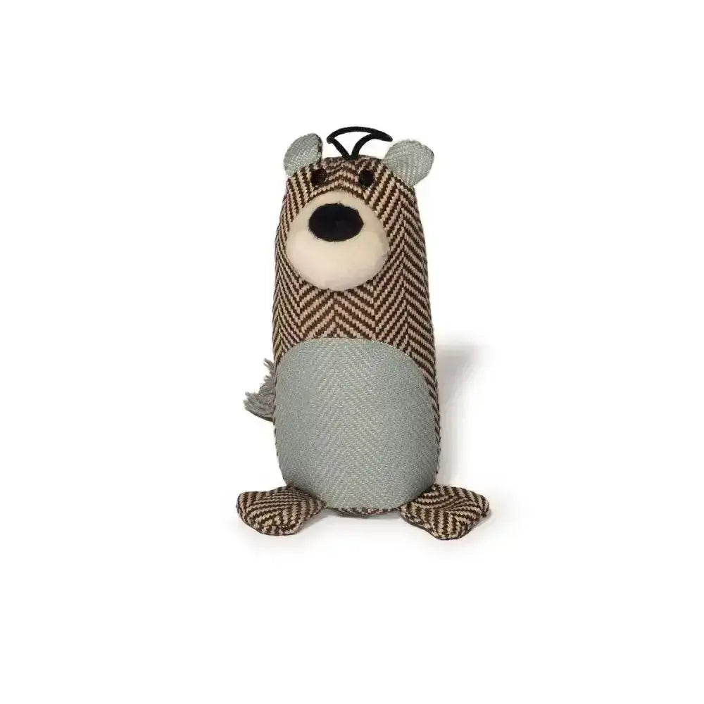 A danish design beatrice bear dog toy in plush brown and beige herringbone fabric with a gray belly and black antennae