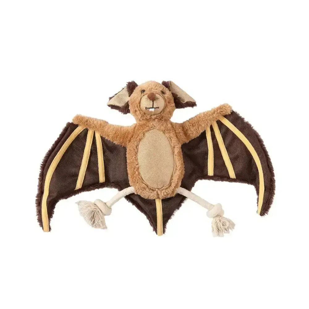 A plush brown danish design bertie bat dog toy with tan accents and yellow-striped wings for playful pups
