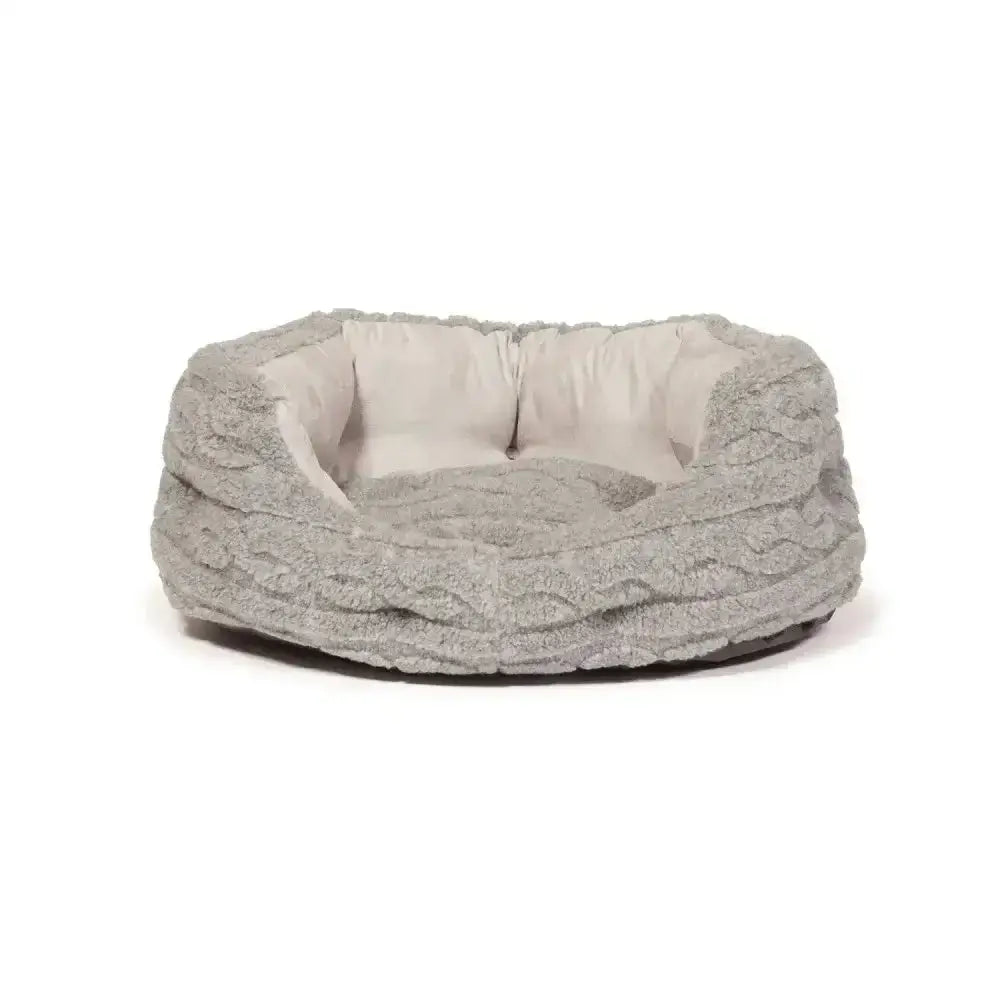 Gray plush dog bed with textured fabric and soft white lining in danish design bobble deluxe slumber bed style