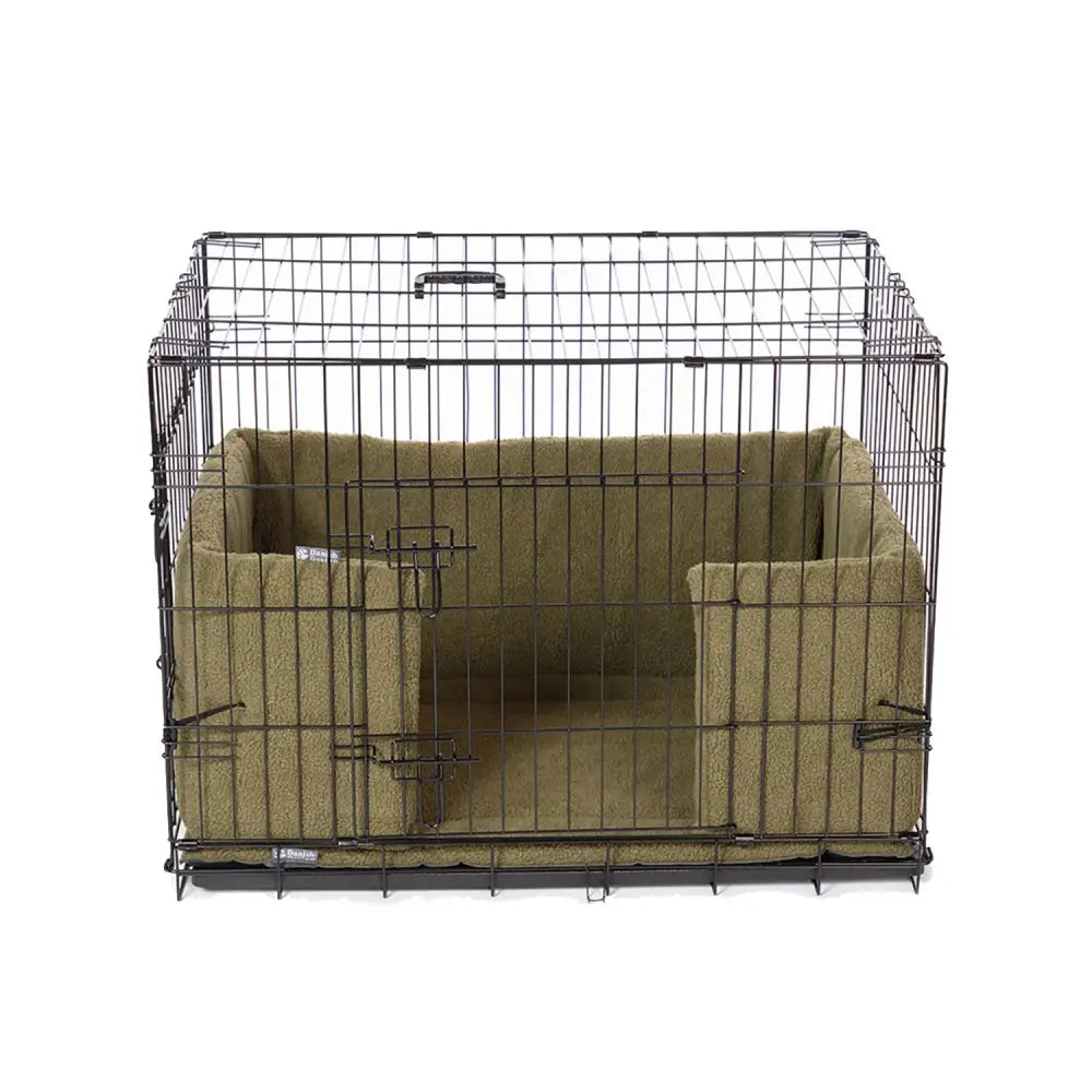 Black wire danish design crate with olive sherpa fleece bumper olive interior lining for pet comfort