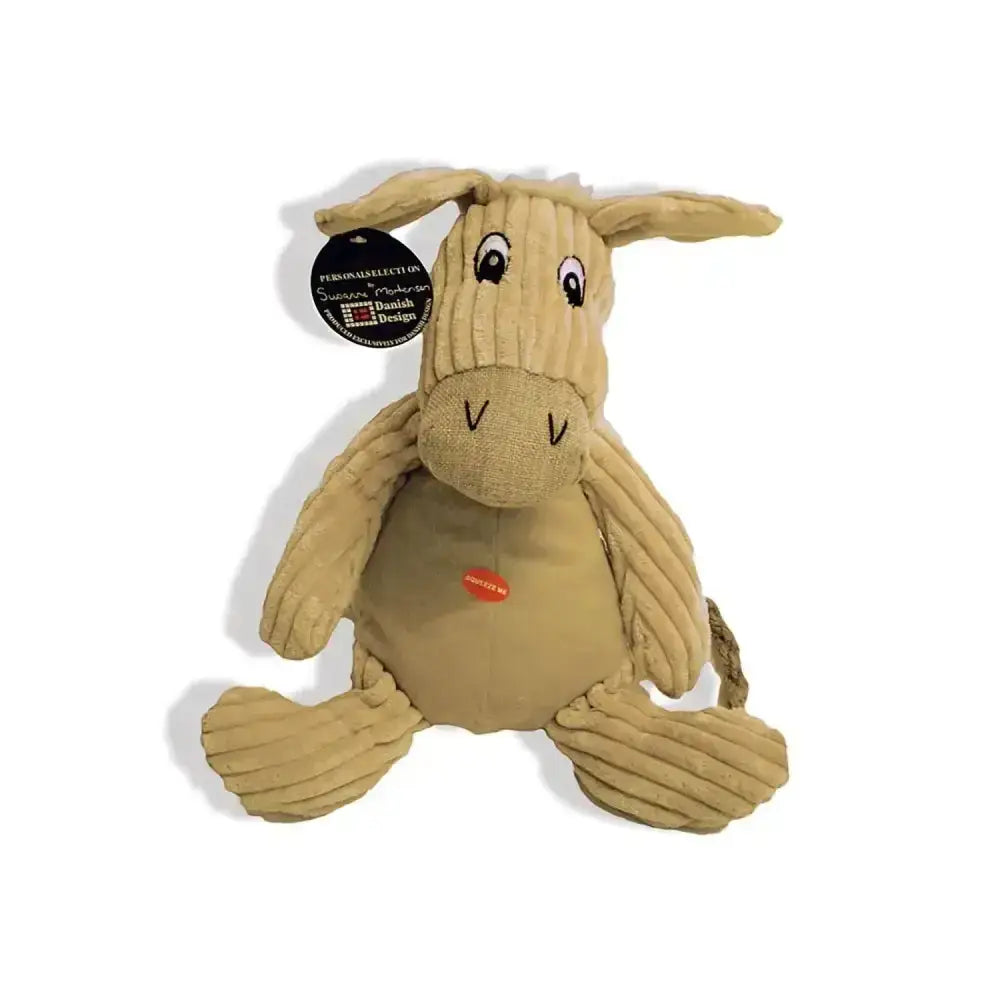 Tan corduroy donkey dog toy with embroidered eyes and stitched nose from danish design doris outstanding products fully
