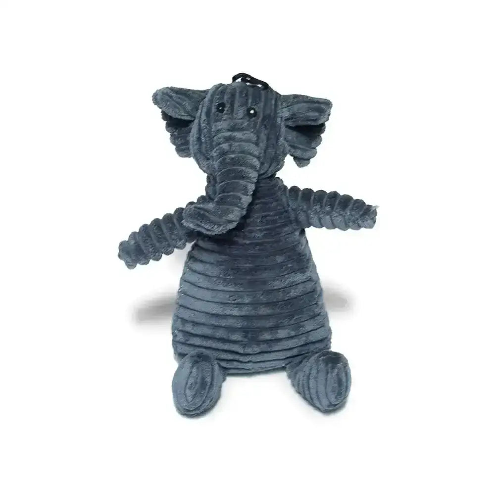 Dark gray corduroy danish design edward elephant dog toy with black bead eyes and small loop on its head