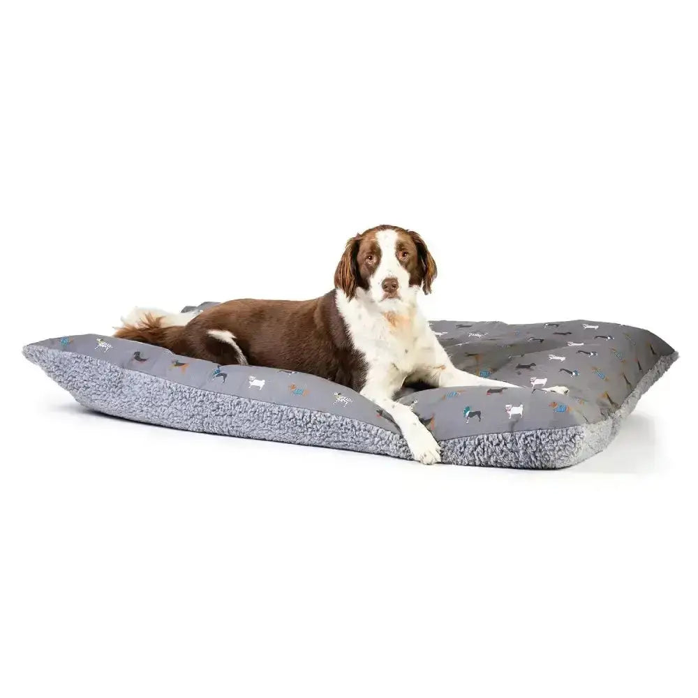Gray plush danish design fatface deep duvet dog bed with soft textured surface and subtle fatface marching dogs paw prints