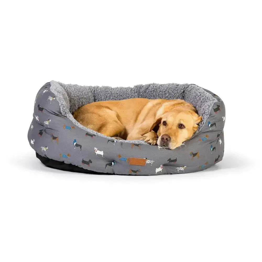 Gray danish design fatface deluxe slumber bed with plush fleece lining and fatface marching dogs pattern exterior