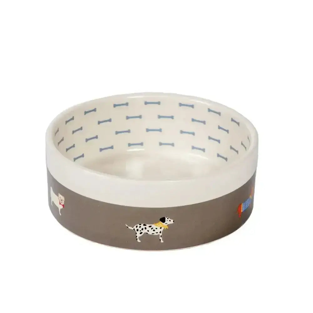 White ceramic dog bowl with gray band and illustrated dogs and bones from danish design fatface marching dogs pet bowl