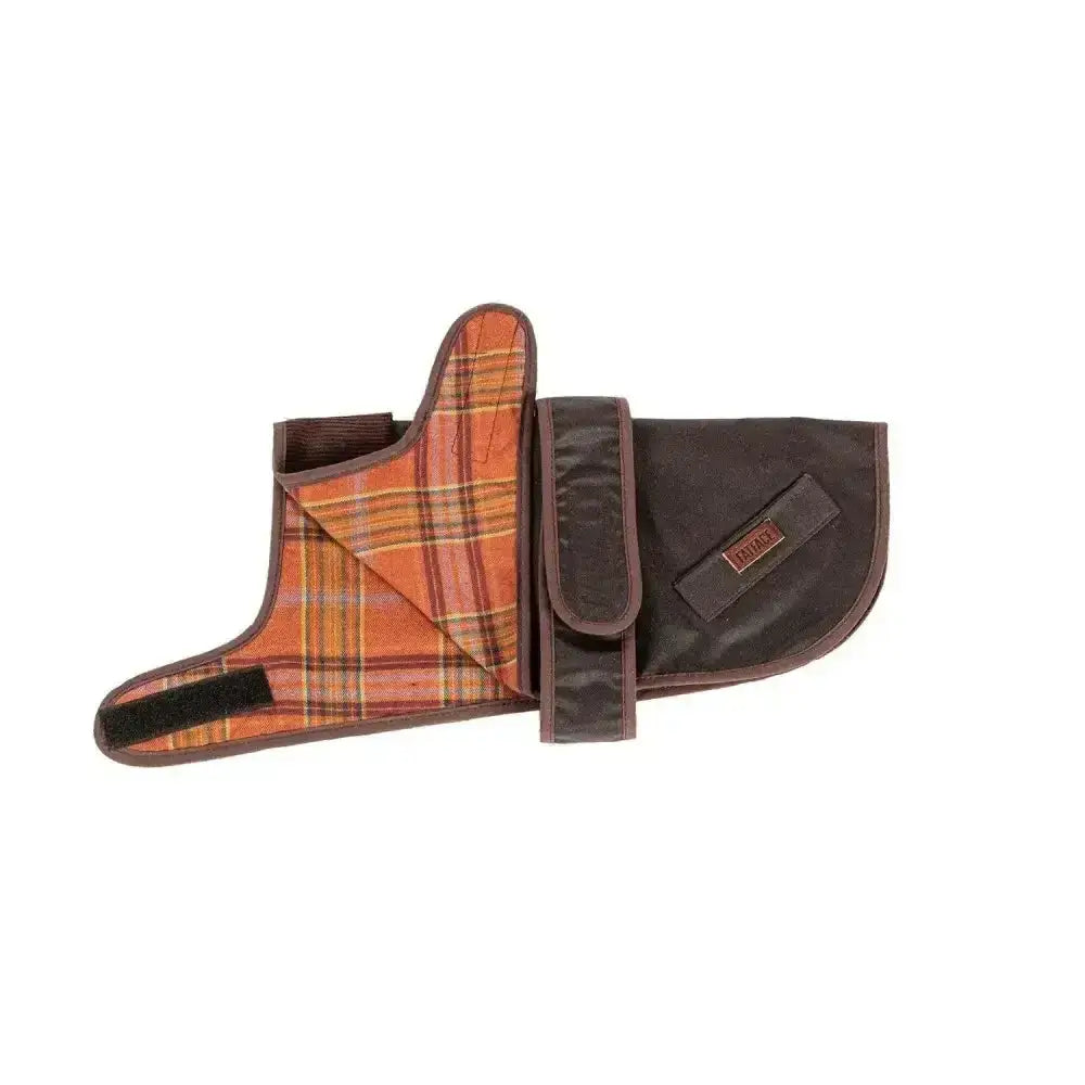 Orange and brown plaid danish design fatface sussex dog coat with dark brown waterproof exterior perfect for walks
