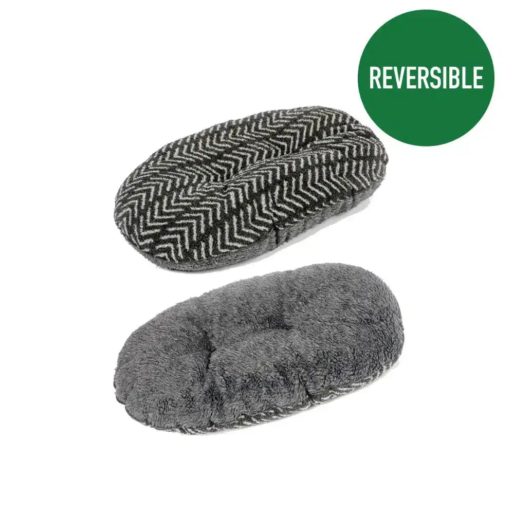 Reversible gray slipper with herringbone and plush fleece sides paired with danish design fleece quilted mattress charcoal arrows