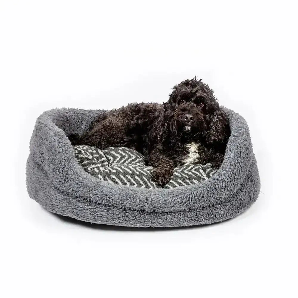 Gray plush fleece slumber bed charcoal arrows with cozy textured exterior and black and white zigzag lining