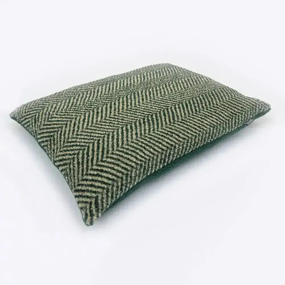 Danish design green herringbone fleece deep dog bed with olive green and cream twill woven cushion cover