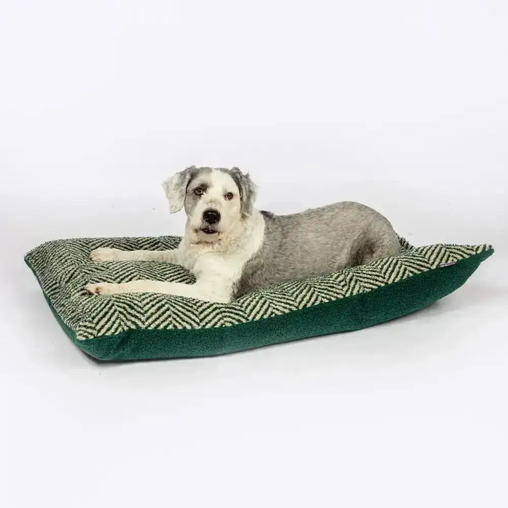 Danish design green herringbone fleece deep duvet dog bed with plush velvet trim for cozy pet comfort
