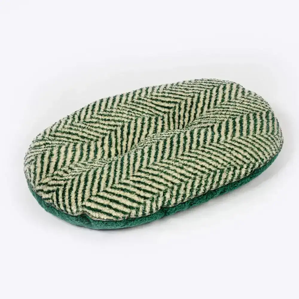 Danish design green herringbone fleece quilted mattress dog bed with green and cream woolen slipper detail