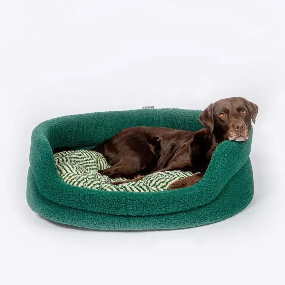Emerald green plush dog bed with striped inner cushion featuring danish design green herringbone fleece slumber style