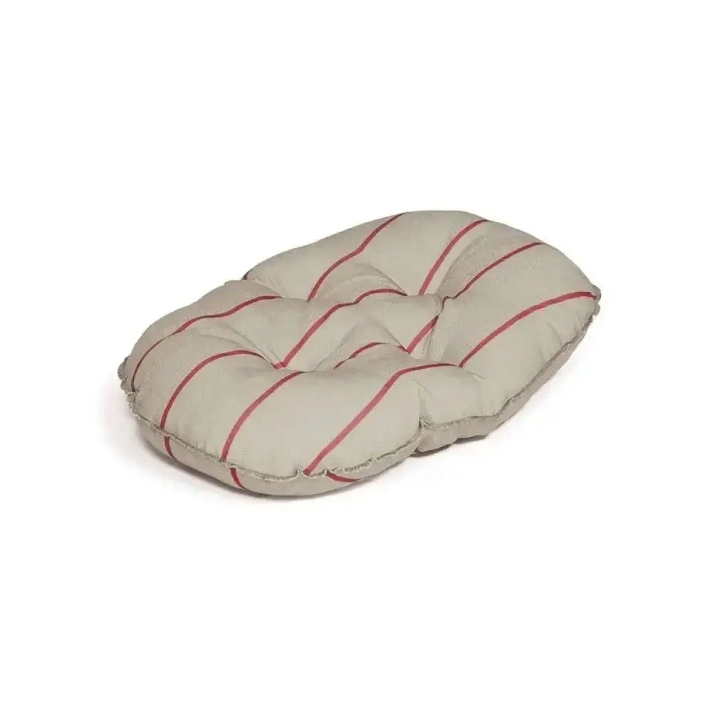 Beige cushion with red diagonal stripes and tufted quilted design on danish design heritage deluxe quilted mattress dog bed