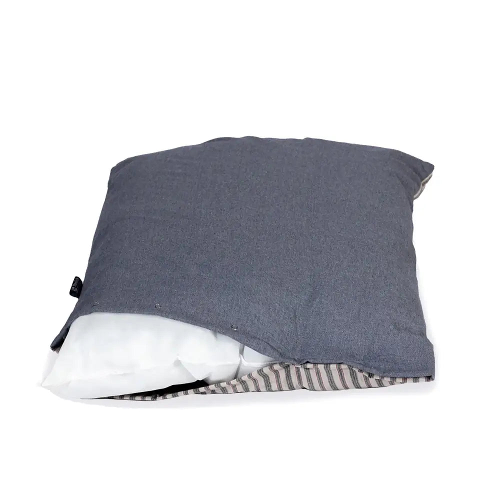 Gray textured fabric pillow with white inner cushion and striped lining in danish design rustic stripes duvet cover denim set